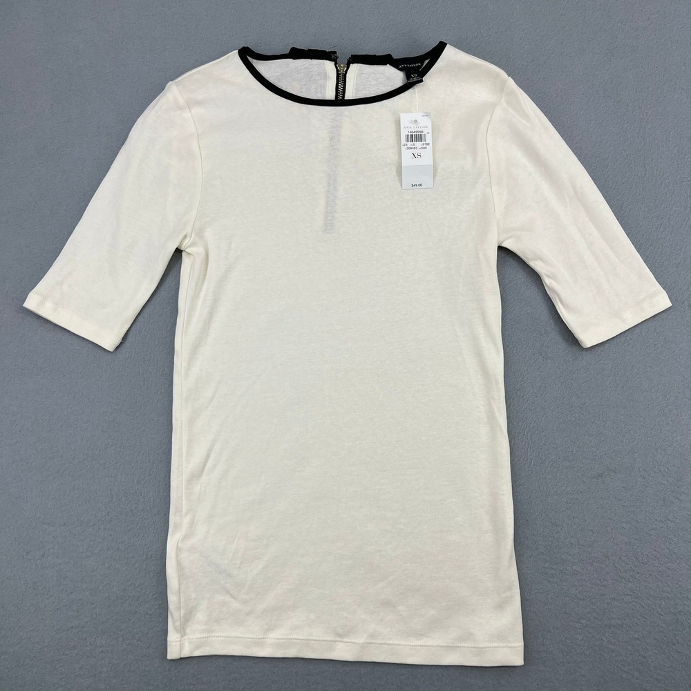 Ann Taylor Womens XS Cream Black Contrast Bow Back Elbow‎ Sleeve Cotton Top NWT